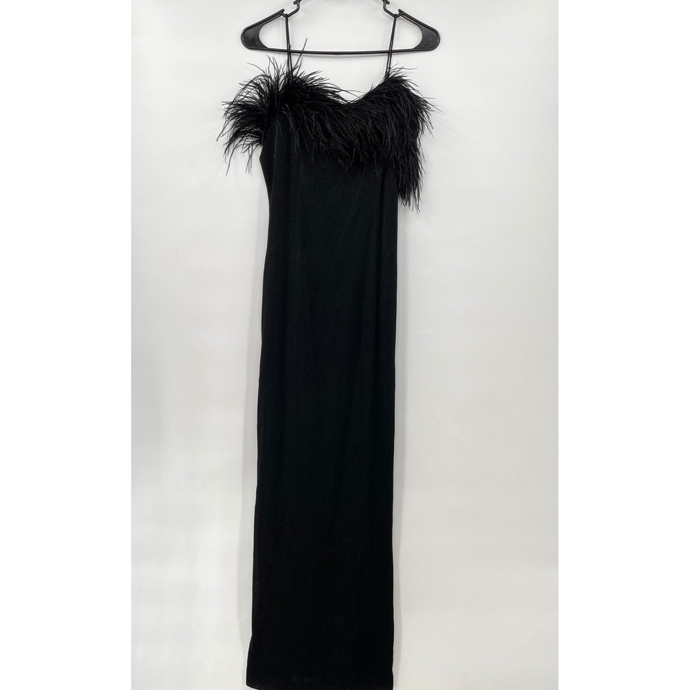 Alex Evenings Black Feather Trim Maxi Dress Evening Party Cocktail